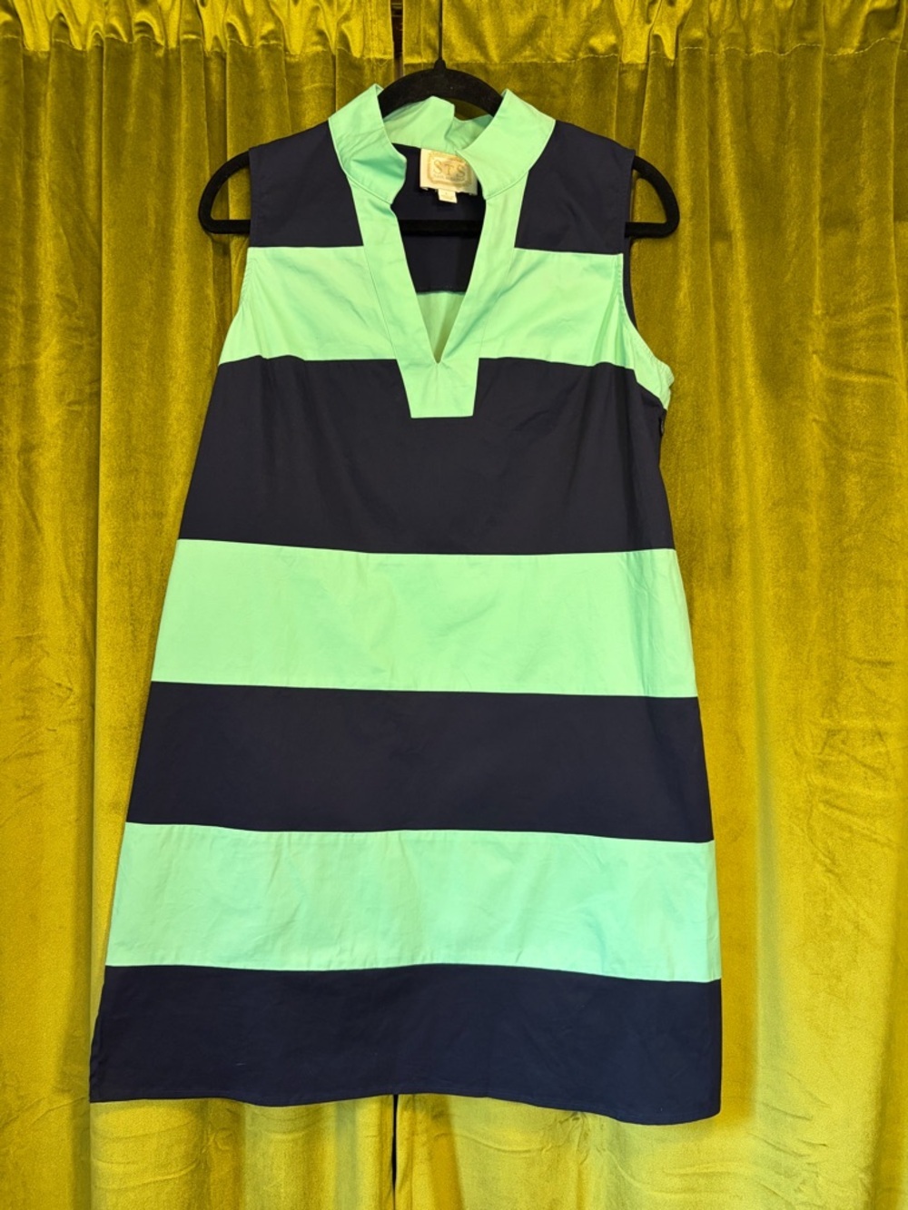 Sail to Sable Blue and Green Striped Shift Dress. Size Large. Retail $178